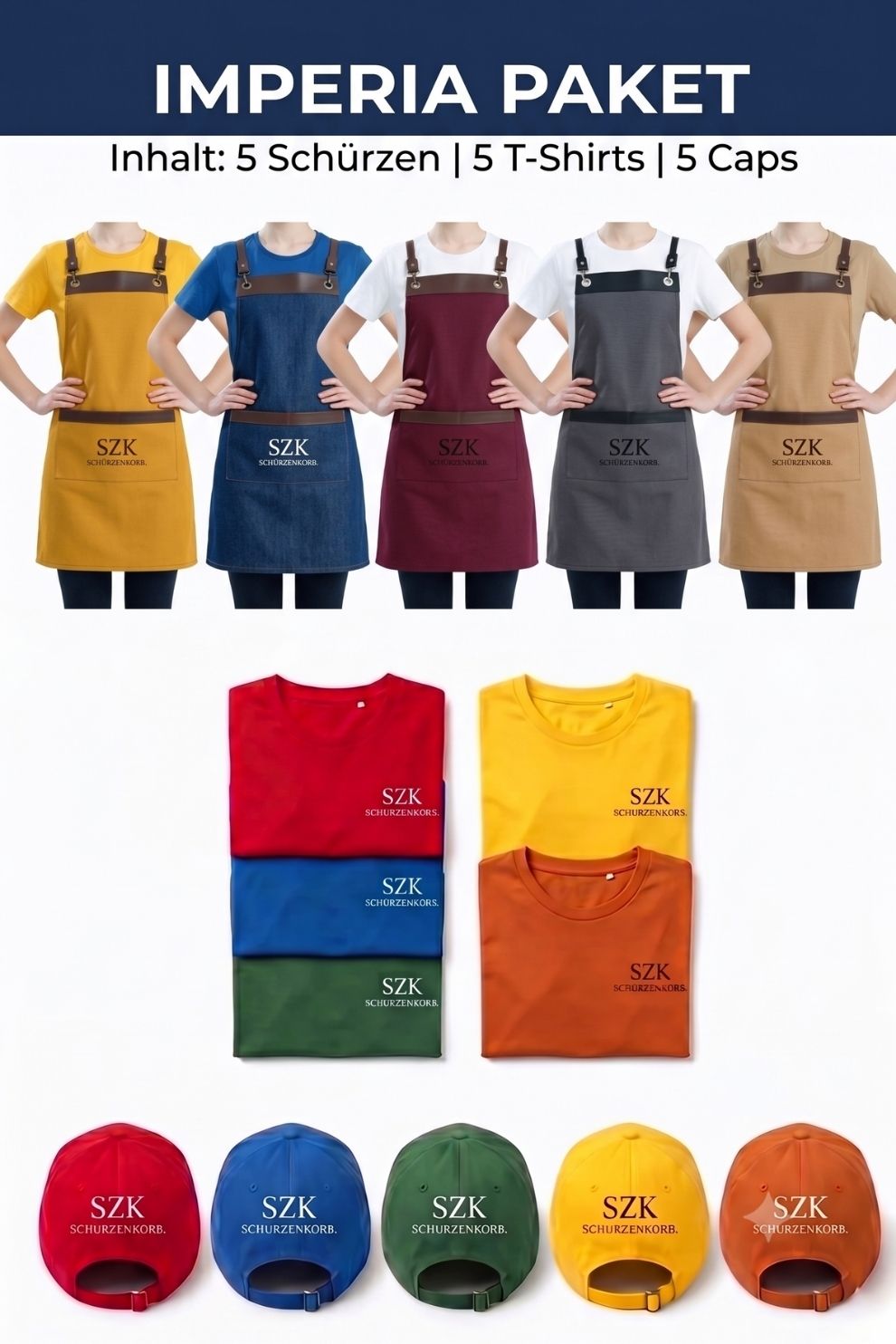 Imperia Paket - 5 Schürzen - 5 T-Shirts - 5 Caps