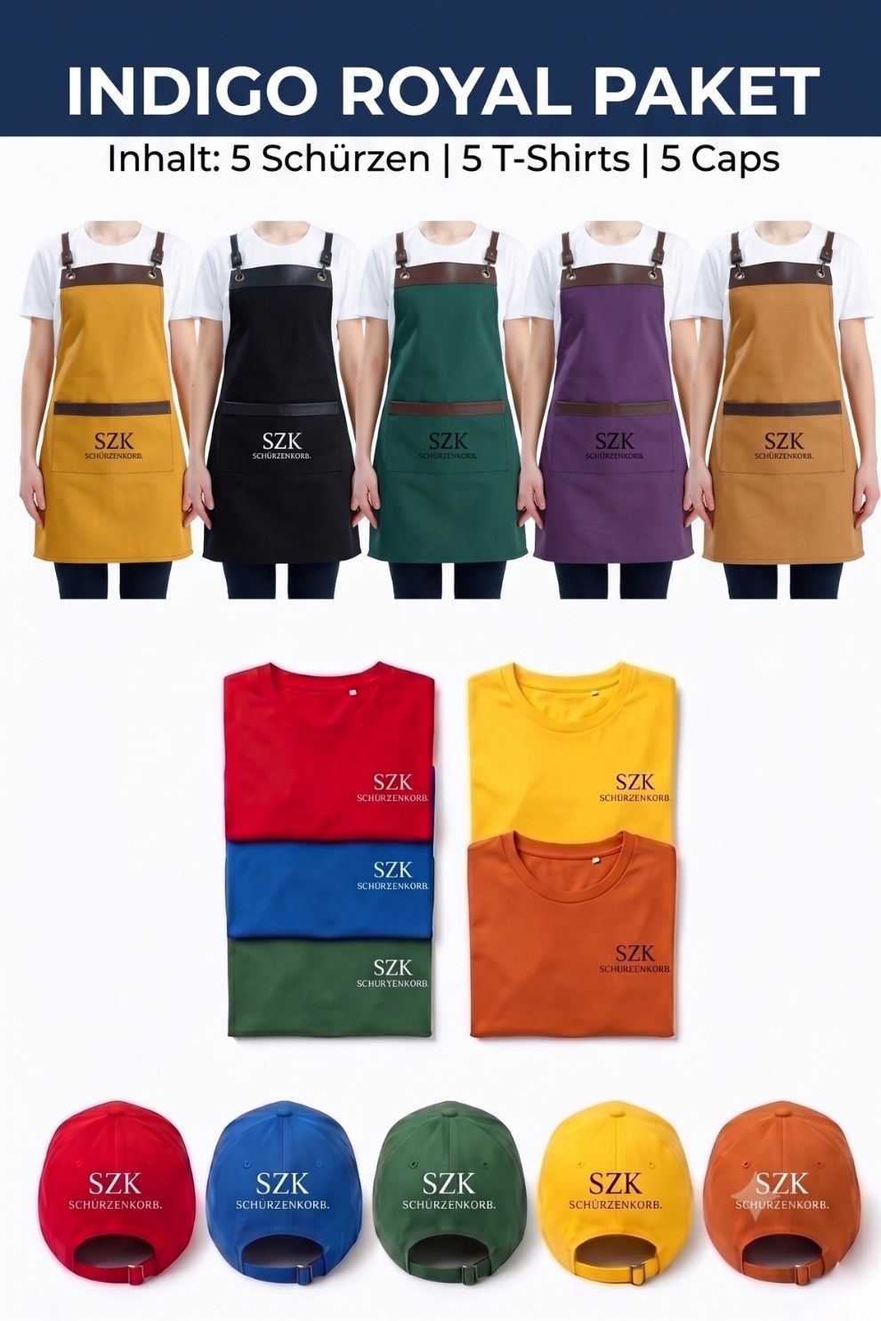 Indigo Royal Paket - 5 Schürzen - 5 T-Shirts - 5 Caps